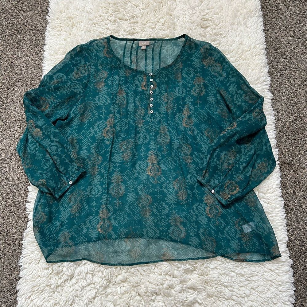 J. Jill Teal Green Sheer Button Henley Blouse